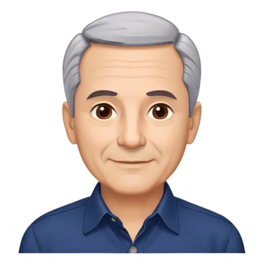 Respected Puerto Rican actor in his 60s, fair skin, round face with broad cheekbones, lively brown eyes, thick eyebrows, straight nose, short gray hair combed to the side with receding hairline, clean-shaven, friendly smile, wearing navy blue button-up shirt sticker