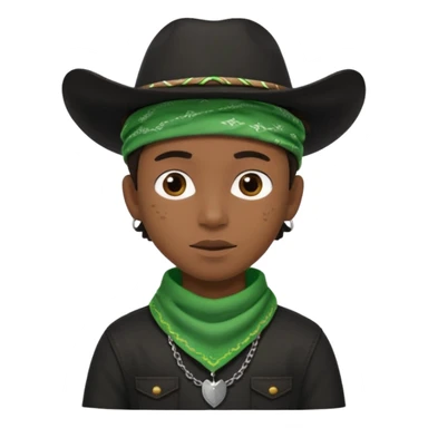 Black boy in black top wearing a black cowboy hat with green bandana around his neck sticker