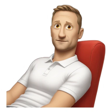 tim robinson laying down on a red couch in a white polo shirt, chest up clean shaven sticker