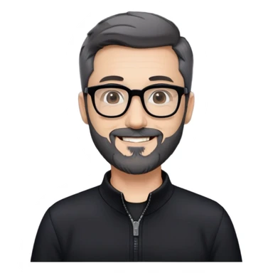 Fair-skinned man with short black hair styled upward, short graying beard, large black-framed glasses, smiling, wearing black long sleeve shirt with zip at neck sticker