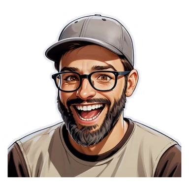 A man with a grey baseball cap, hazel eyes, big dark brown beard and glasses, laughing sticker