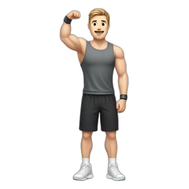 Full height Actively gesturing with hands Pale skinned Fit Man With the biceps and brown hair in dark gray Sleeveless Mike, black oversize sports shorts, watch and white Sneakers sticker