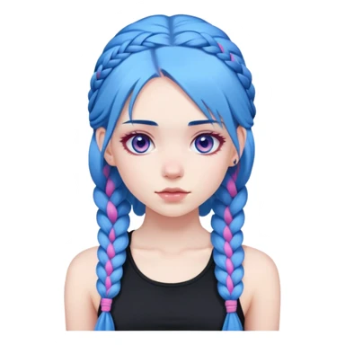 Girl with pale skin, blue hair, in long plaits, with pink eyes and a black crop top  sticker