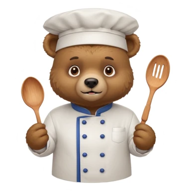 A bear wearing a chef uniform, nervously preparing a dish, portrait sticker