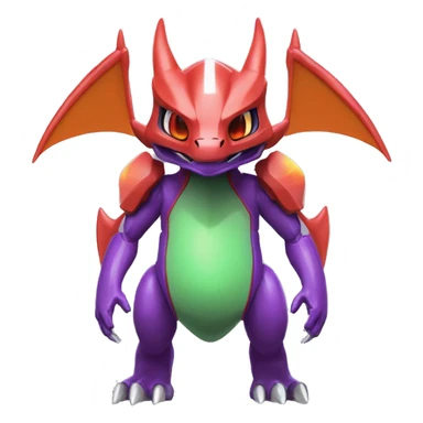 a shiny purple-green-red Genesect-Charizard-Raptor-Fakémon—hybrid with a futuristic visor-helmet full body sticker
