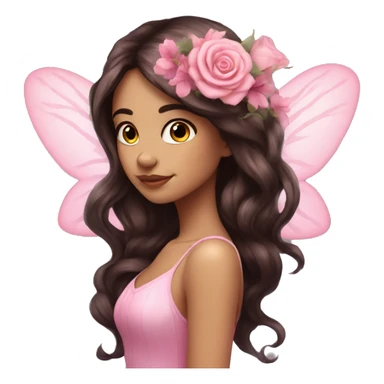 Beautiful, rose, fairy, pink, flowers in hair, long dark brown hair, big wings, fair skin sticker