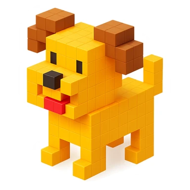 <SystemPrompt>
                <Style>
                  <Name>Voxel Emoji Art</Name>
                  <Description>A playful, isometric voxel style that mimics pixel art in 3D, commonly used for emojis, UI icons, and symbols. Rendered with bright, vibrant colors and no shadows.</Description>
                  <VisualRules>
                    <Geometry>
                      <BaseUnit>Cube</BaseUnit>
                      <GridAlignment>Isometric</GridAlignment>
                      <VoxelSize>Consistent</VoxelSize>
                    </Geometry>
                    <Color>
                      <Palette>Vivid and High Saturation</Palette>
                      <Gradient>Allowed on faces for subtle lighting</Gradient>
                    </Color>
                    <Lighting>
                      <Style>Soft studio lighting</Style>
                      <Shadows>Subtle ambient shadows</Shadows>
                    </Lighting>
                    <Detailing>
                      <Outline>None</Outline>
                      <Texture>Flat color (no texture noise)</Texture>
                      <Effects>None</Effects>
                    </Detailing>
                  </VisualRules>
                </Style>
                <Generation>
                  <PromptTemplate>
                    <![CDATA[
                      Render a voxel-style 3D illustration of a {subject}, using bright colors and blocky pixelated geometry. The object should appear playful and clean, similar to emoji aesthetics, with no shadows and no outlines. Lighting should enhance the 3D depth without harsh contrast.
                    ]]>
                  </PromptTemplate>
                </Generation>
              </SystemPrompt>
              {subject} = dog sticker