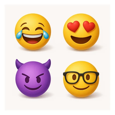 make four emojis on white background with good amount of shadow, four emojis of smiley's only. one laughing, second heart eyes, third purple devil and four black glasses emojis  sticker