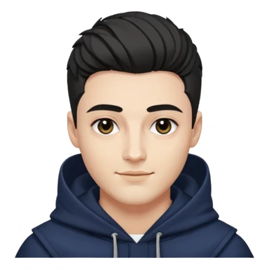 A handsome man with fair complexion. masculine, roman, slightly crooked nose. Thick triangular eyebrows. Hooded eyes and black pupils.  smily lips with a heavy top lid. kpop haircut sticker