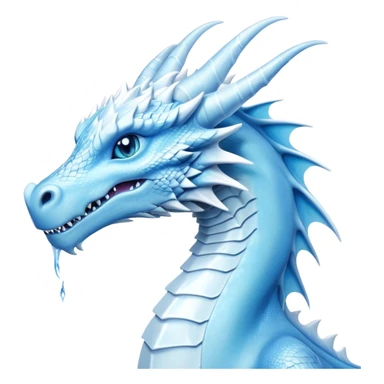 Cinematic Noble elegant Ice Dragon Portrait Emoji, Poised and imposing, distinct long elegant snout, with a slender, scaled body shimmering in glacial hues of icy blue, frostbitten silver, and crystalline white, breathing out frost, with piercing, glowing ice blue white eyes that radiate the chilling depths of an arctic storm; rendered in detail. sticker