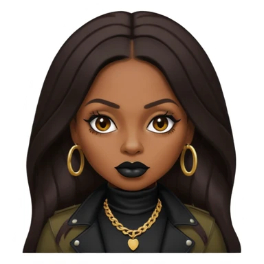 Foxy Brown, Rapper with dark brown long hair, black lip, black outfit sticker