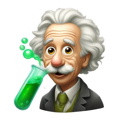Albert Einstein tongue out.He next a with conical flask next to him with bubble green liquid inside that is smoking.The art style is in Pixar style sticker