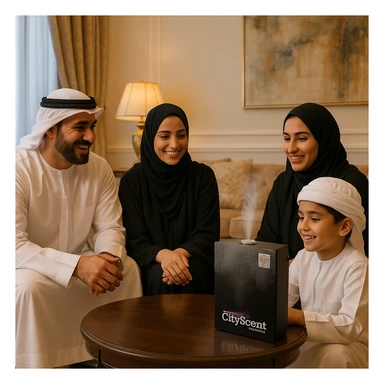 Place this exact CityScent air freshener machine on a table in a luxurious living room. Show a family in Arabic dress gathered around, smiling and enjoying the scent. The scene is realistic, elegant, and inviting. sticker