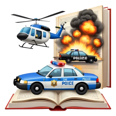Icon for Action & Crime Reading: an open large book with text on the pages, a police car is driving out, with explosions behind, a helicopter flying above, a pistol with bullets in the front. The icon should capture the thrilling action and suspense of crime stories. Transparent background. sticker