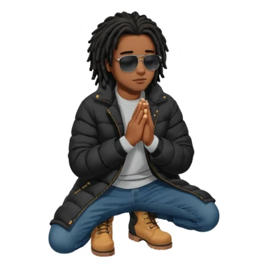 African American man brown skin complexion with black dreadlocks shoulder length wearing black bubble winter coat wearing black sunglasses with denim skinny jeans and timberland boots kneeling in prayer sticker