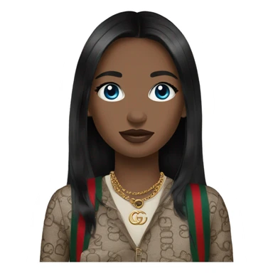 Girl with black hair and blue eyes wearing a gucci bag sticker