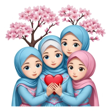 Four sister hugs Turkish girls beautiful finish Konya blue eyes with cherry blossom hijab and heart dress and hugs  sticker