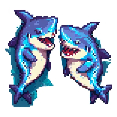 two sharks hugging, pixel art style sticker