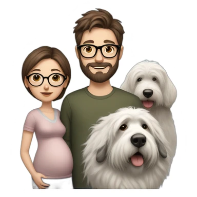 Hyperrealist Pregnant girl with half long brown hair with glasses, a boy with long beard, glasses and short hair and english sheepdog sticker