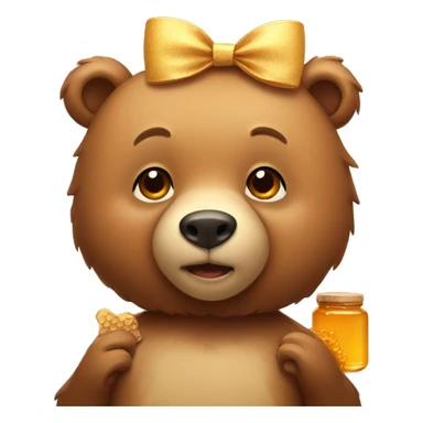 cute brown bear, beige bow on head, holding honey sticker