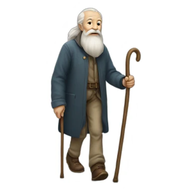 very old man with long beard and cane walking sticker