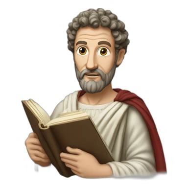 marco aurelius with a book and a quote sticker