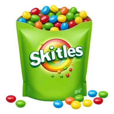 Torn open Skittles package with green candies visible inside, minimalist style with simple rainbow colors. sticker