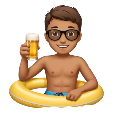 a young dude river tubing wearing sunglasses and swim trunks, drinking a beer sticker
