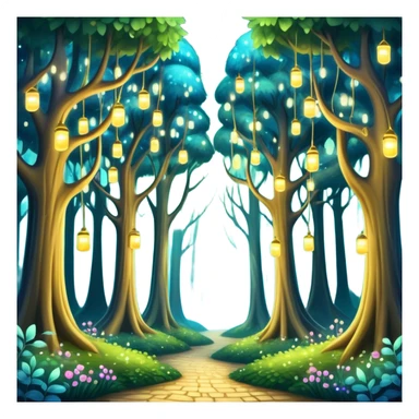 enchanted forest with tall whimsical trees and sparkling lights, fantasy atmosphere sticker