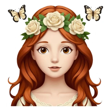 Woman with long flowing auburn hair wearing a flower crown with white and cream colored roses and butterflies in it sticker