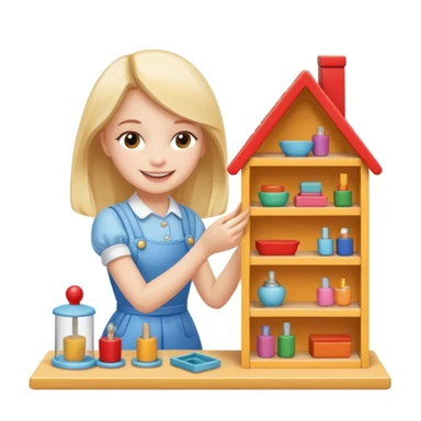 smiling girl arranging furniture in doll house sticker