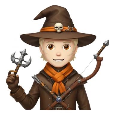 male human monster hunter emoji, wearing brown leather coat and wide hat, holding crossbow, with amulet shaped like skull, Halloween fantasy theme, confident smile, orange scarf, Apple emoji style, clean white background, square image sticker