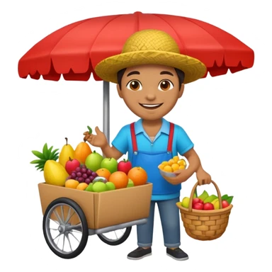 3D emoji illustration of a Peruvian street vendor, selling fruits and snacks on the sidewalk, smiling, urban neighborhood in background, bright colors, cartoon style, bold outlines, glossy sticker, transparent background sticker