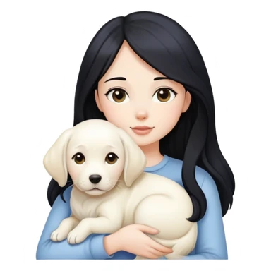 A beautiful girl with long black hair and fair skin is holding a white Labrador sticker