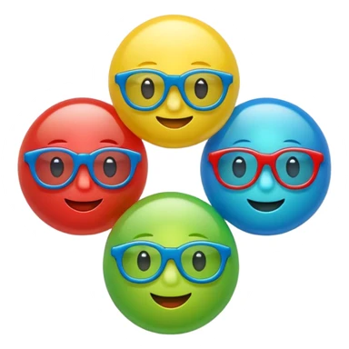 Cute 3D cartoon emoji sticker of a plastic glasses and ball game with three glossy 3 plastic glasses (blue, green, red) and a yellow ball, soft lighting, smooth shadows, playful, white sticker outline, transparent background, high resolution. sticker