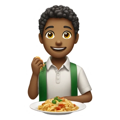 smiling boy in collared shirt eating Italian food sticker