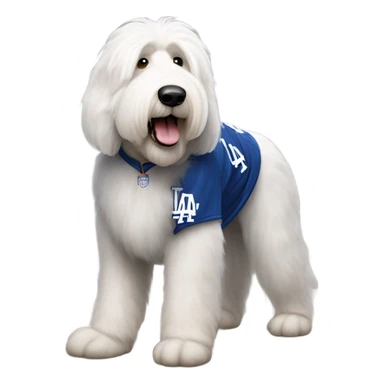 Old English Sheepdog full height wearing a Los Angeles dodgers jersey sticker