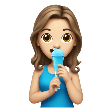 White Girl with brown hair eating a blue slushie with a spoon sticker