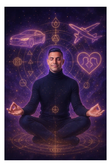 "Un uomo in meditazione fluttuante nello spazio cosmico, circondato da particelle dorate e simboli alchemici. Intorno a lui, oggetti e situazioni dei suoi desideri (auto, viaggi, amore) si materializzano come ologrammi luminosi. Stile cyber-mistico, colori viola e oro." sticker