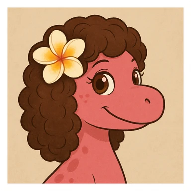 pink dinosaur with brown curly hair, a Hawaiian flower in her hair, and brown eyes sticker