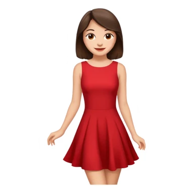 Cartoon emoji of a young brunette woman with fair-medium skin, brown eyes, wearing a red outfit. Full-height, standing confidently in a red dress  posing sexy with a smile and relaxed posture. Smooth, friendly, stylized, make up on, flirty eyes and smile in a sexy position  sticker