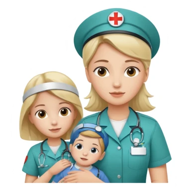 A young medic (woman) attending to a child patient at the local hospital sticker