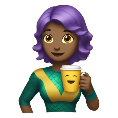 mermaid with short bob haircut, brown hair, holding a cup of coffee in a yellow package and with a purple tail sticker