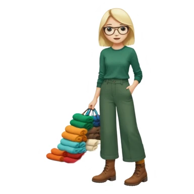 Fille blonde, pantalon ample vert foncé. Lunettes ronde fine. Bottines marrons. Elle pousse une cargaison de chaussettes  sticker