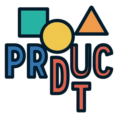 the word PRODUCT in blue and red, with geometric shapes, contemporary icon style sticker