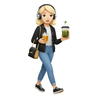 a young woman full length walks with headphones on with a caviar sandwich in one hand and herbal tea in the other hand sticker