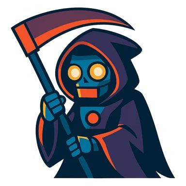 vibrant toon style AI robot as the Grim Reaper with dramatic lighting, glowing eyes, holding a scythe sticker