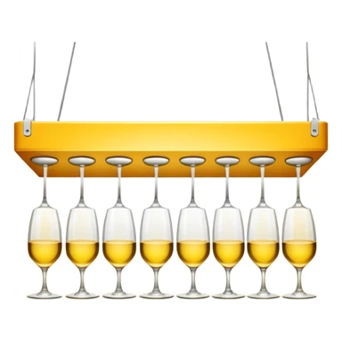 A row of hanging wine glasses upside-down under a yellow light shelf
 sticker