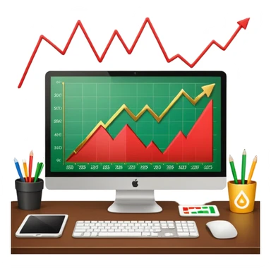 Mach mir einen schreibtisch mit einem bildschirm drauf wo mann einen Chart sieht von Gold sticker