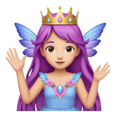 Tan female fairy, long  purple hair, crown of flowers on head,  pastel pink blue and purple wings, wearing a, pastel pink dress, Waving with one hand sticker